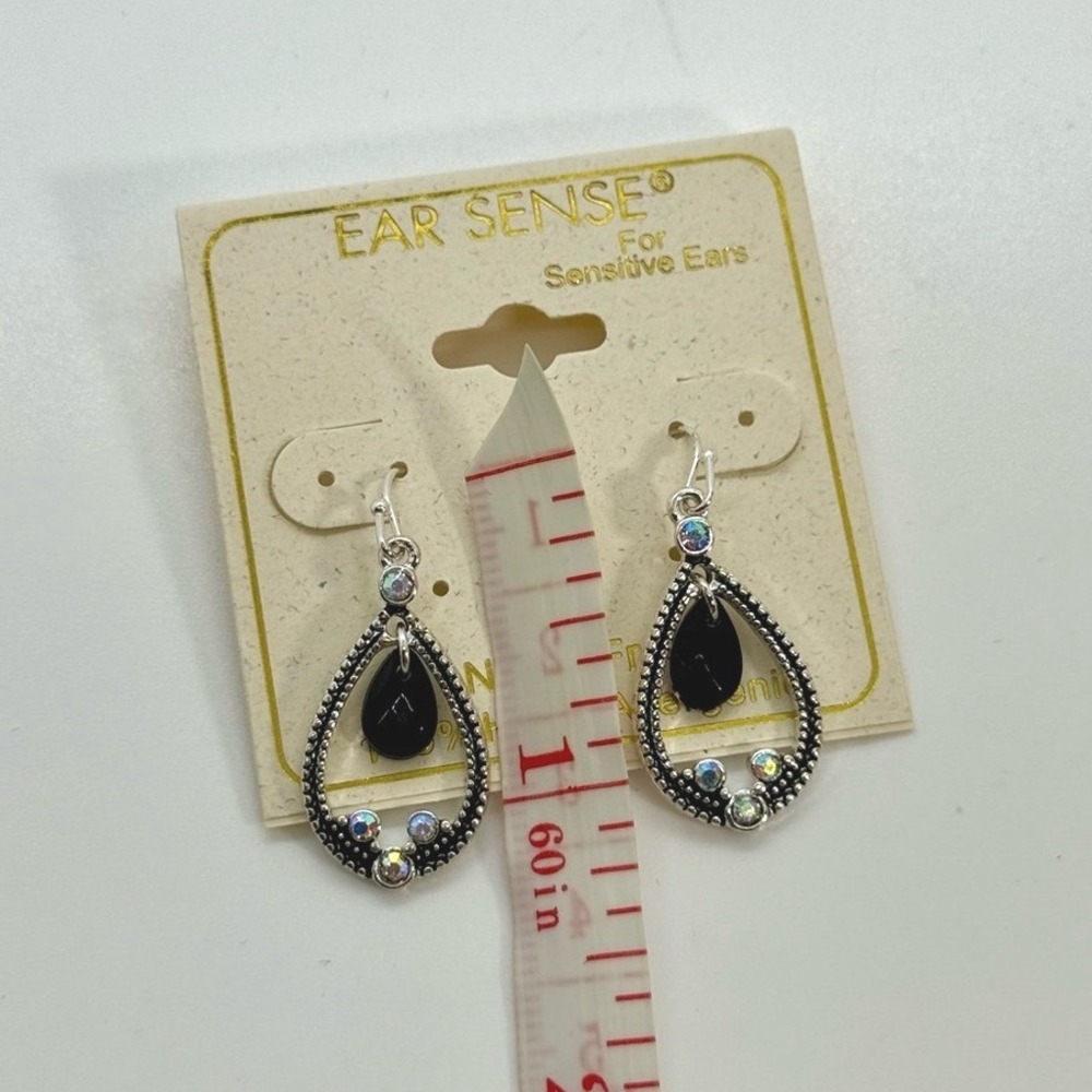 Ear Sense Silver Tone Black Teardrop AB Rhinestone Hypoallergenic Earrings NEW - Picture 6 of 6